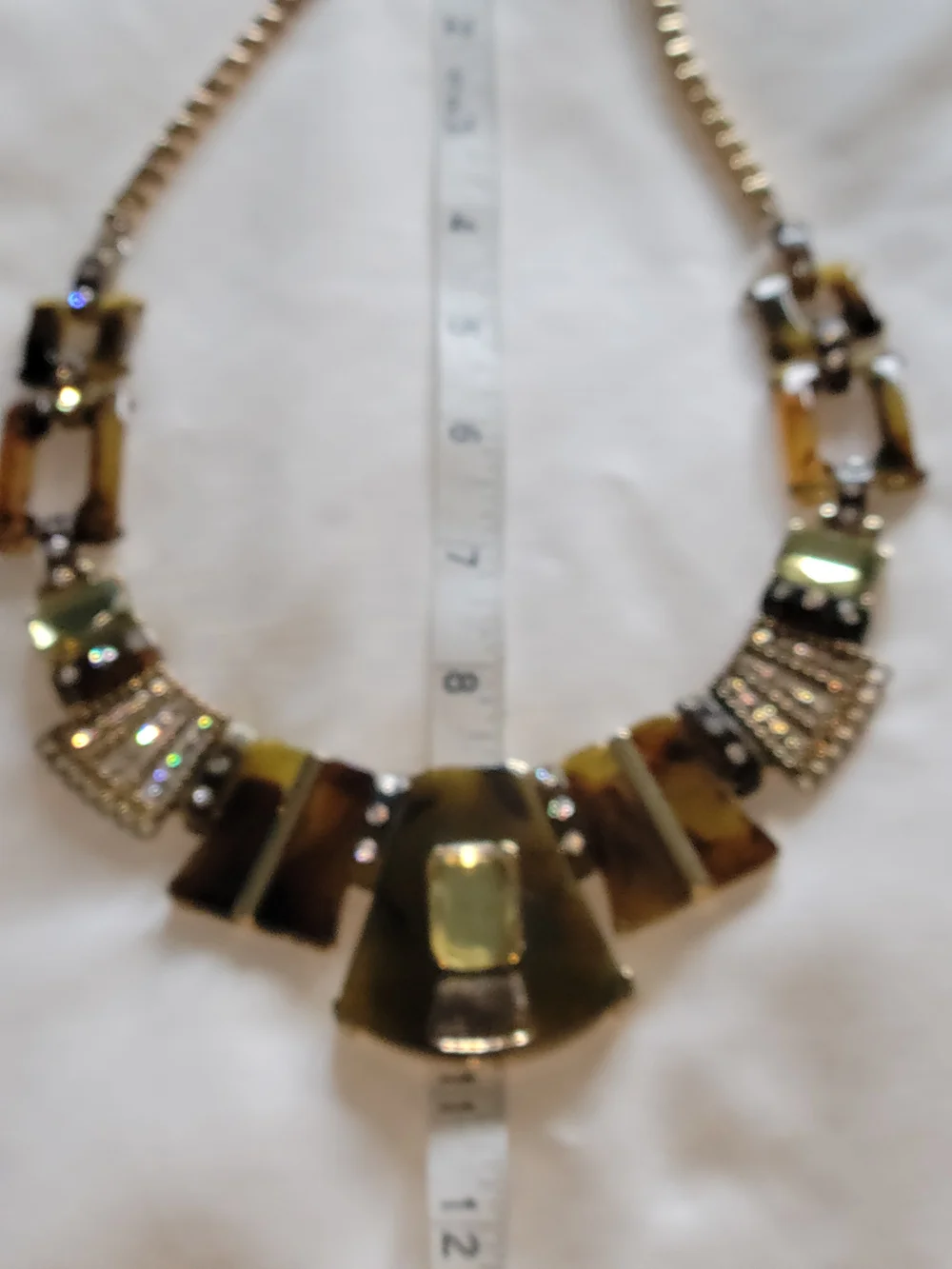 Faux Tortoise Shell Bib Statement Necklace w 3 Gold Tone Stone & Inticate Panels - Picture 9 of 9